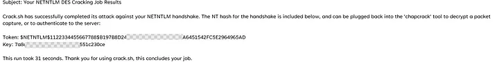 Output from the crack.sh service for a submitted NTLMv1 hash.