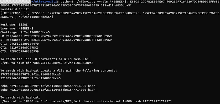 Command line: converting the hash with the NTLMv1 Multi Tool into hashcat 14000 format.