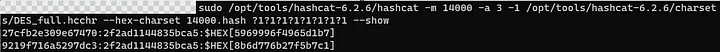 Command line: the cracking run returning the recovered DES keys.