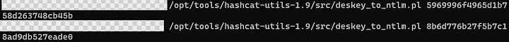 Command line: converting the DES keys back into an NTLM hash.