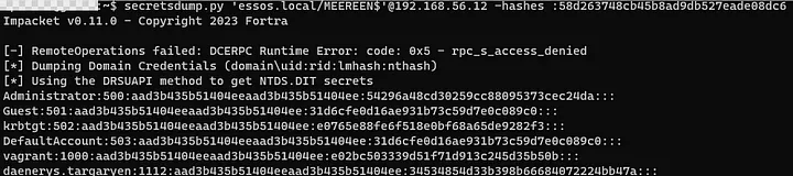 Command line: using the recovered machine account hash to dump ntds.dit.