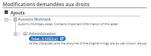 L’arborescence des modifications demandées aux droits dans une modale d’approbation: sous Ajouts, l’actif Automix Multitask et son groupe Administration, avec un lien vers le billet X-12522-a1 sous le groupe.