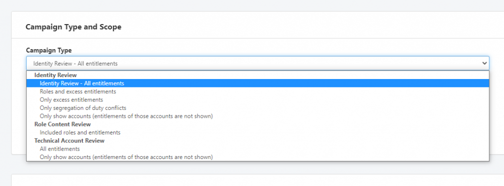 The Campaign Type and Scope panel with its type list open, grouped under Identity Review, Role Content Review and Technical Account Review, with options such as all entitlements, roles and excess entitlements, and only segregation of duty conflicts.