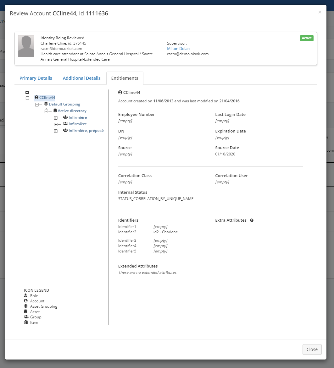 An account review modal on its Entitlements tab: the identity under review at the top, an entitlement tree on the left running from the account down through asset grouping to Active Directory groups, the account’s own fields on the right with most of them empty, and a legend for the role, account, asset grouping, asset, group and item icons.