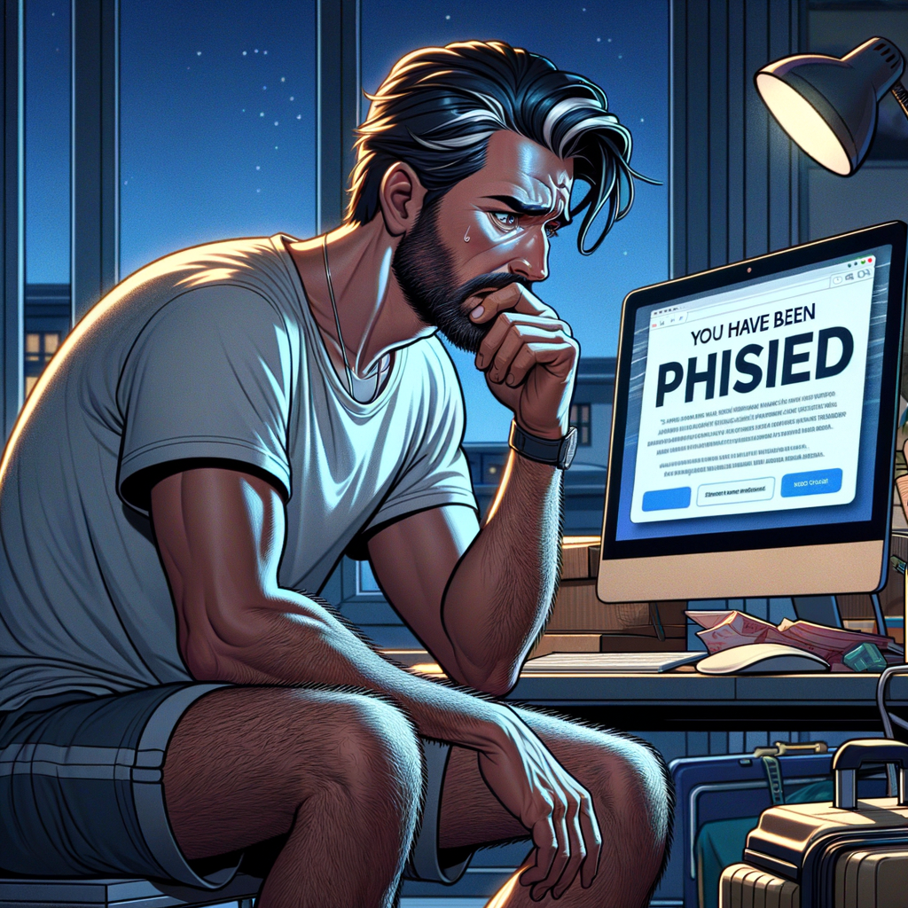 An illustration of a man at his desk at night, head in hand, facing a monitor telling him he has been phished.