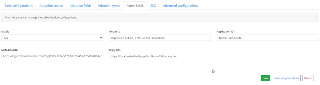 The Azure SAML tab of the configurator, holding the authentication settings: an enable switch, the tenant and application identifiers, and the metadata and reply URLs.