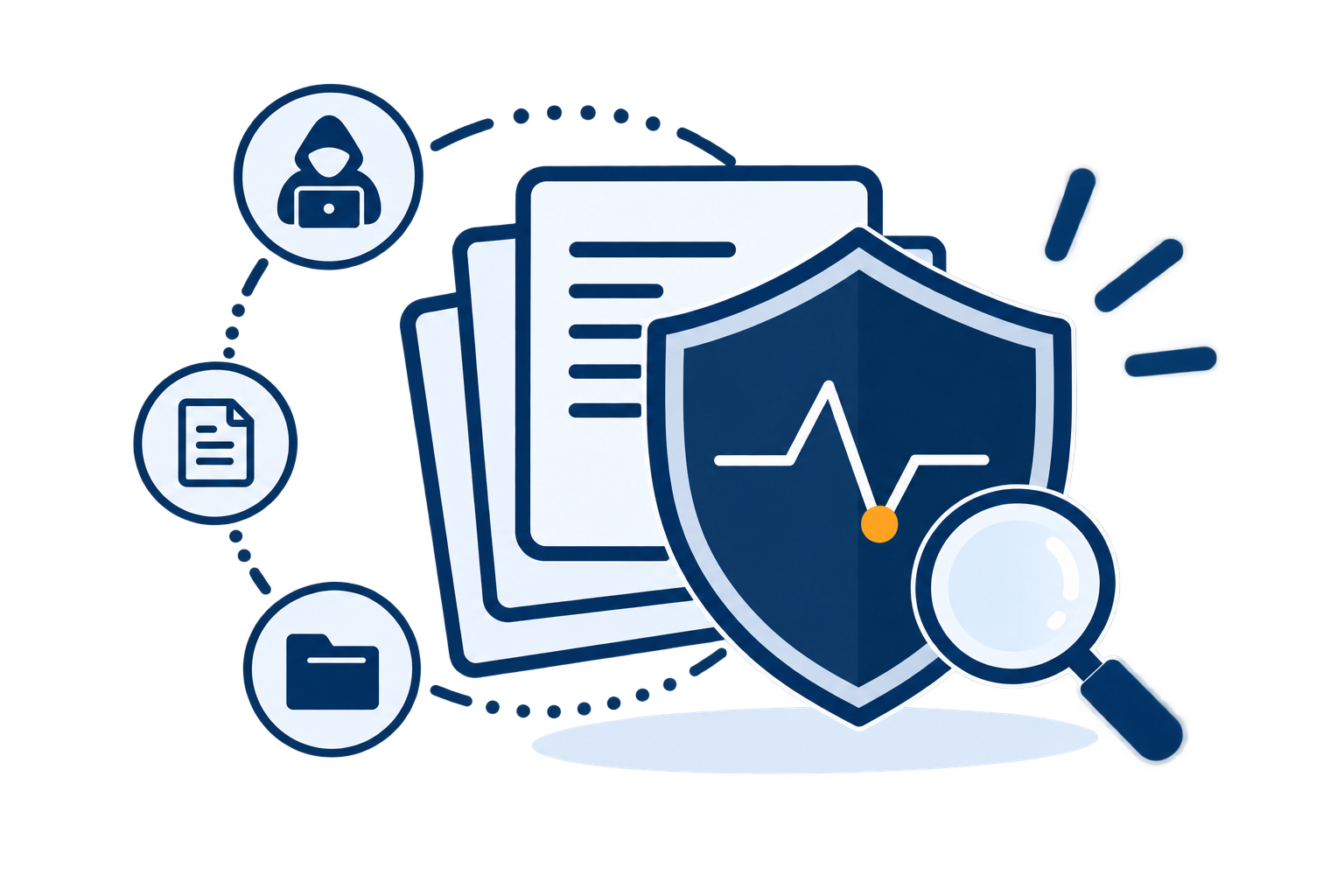 A shield carrying a monitoring pulse, beside a stack of documents, a magnifying glass, and icons for an intruder, a file and a folder