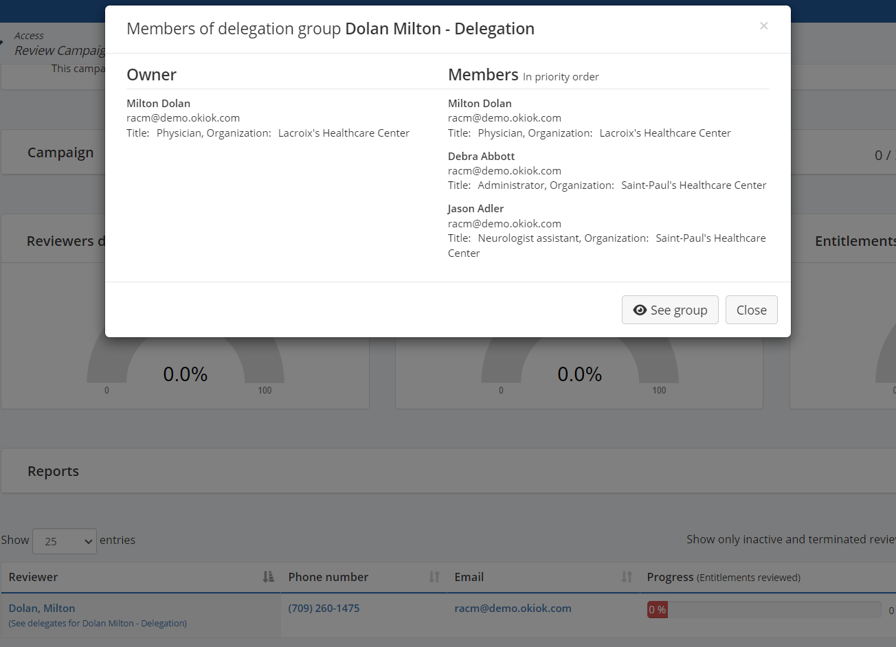A modal listing the members of a delegation group over the review campaign screen: the owner on the left, and on the right the members in priority order, each with their email, title and organization.