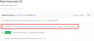 The environment link shown on the merge request once the pipeline finishes.