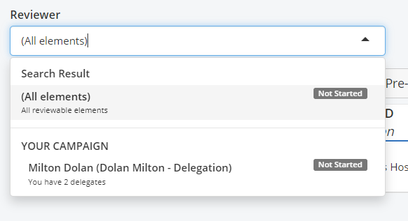 An open reviewer filter on a campaign, offering All elements above a list of the delegation groups the reviewer belongs to, each marked Not Started and noting how many delegates it has.