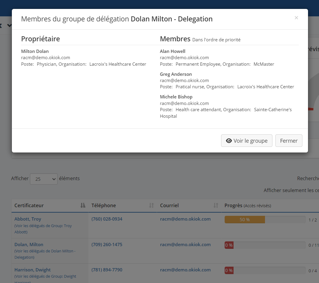 Une modale listant les membres d’un groupe de délégation par-dessus l’écran de campagne de révision, le propriétaire à gauche et les membres dans l’ordre de priorité à droite, au-dessus du tableau des certificateurs où chaque ligne renvoie aux délégués de ce certificateur.