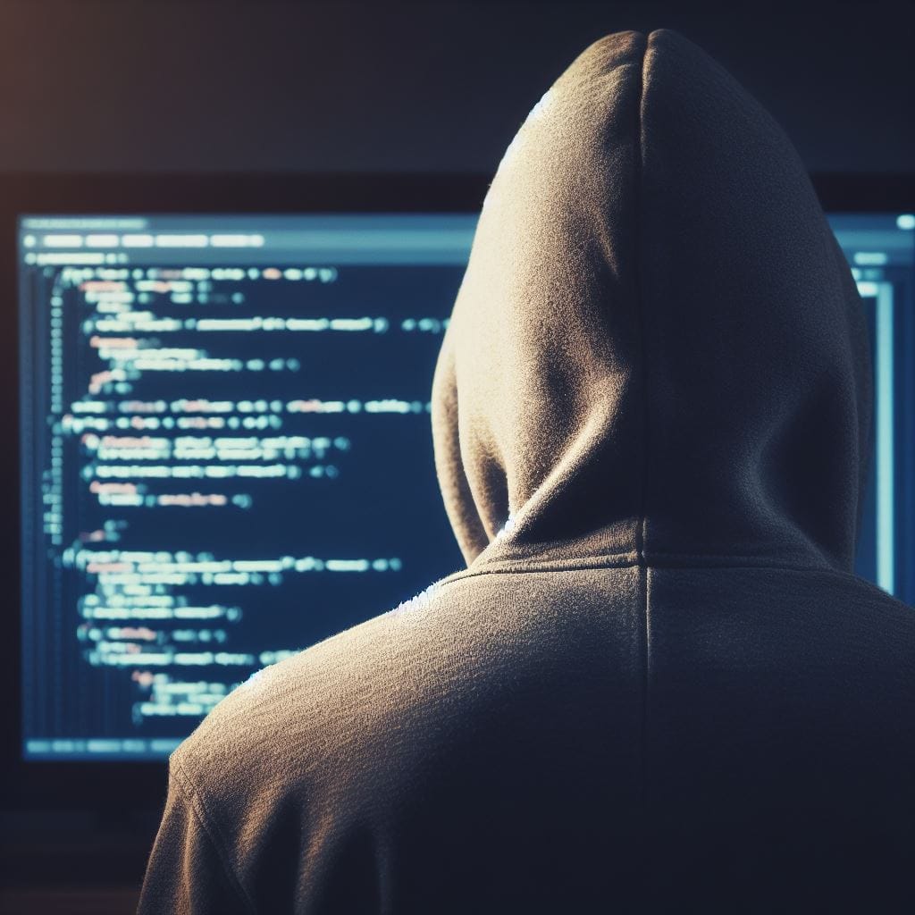 A hooded figure seen from behind, facing a monitor of blurred code.