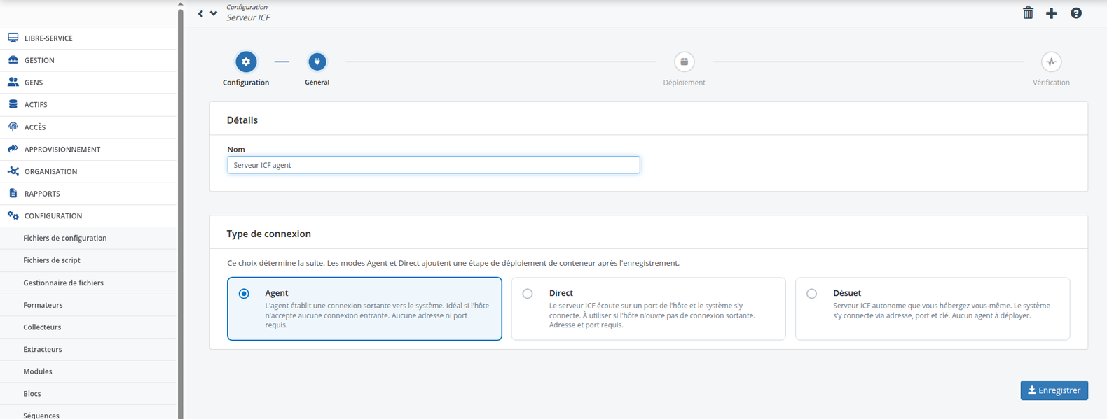 L’assistant de configuration d’un serveur ICF à l’étape Configuration, avec les étapes Configuration, Général, Déploiement et Vérification en haut, une carte Détails contenant le nom du serveur, et une carte Type de connexion présentant les modes Agent, Direct et Désuet, chacun accompagné de l’explication de son usage.