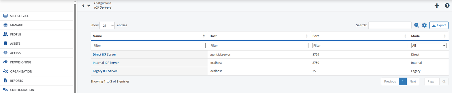 The Configuration > ICF Servers page: a filterable list with Name, Host, Port and Mode columns, and three servers showing the Internal, Direct and Legacy modes.