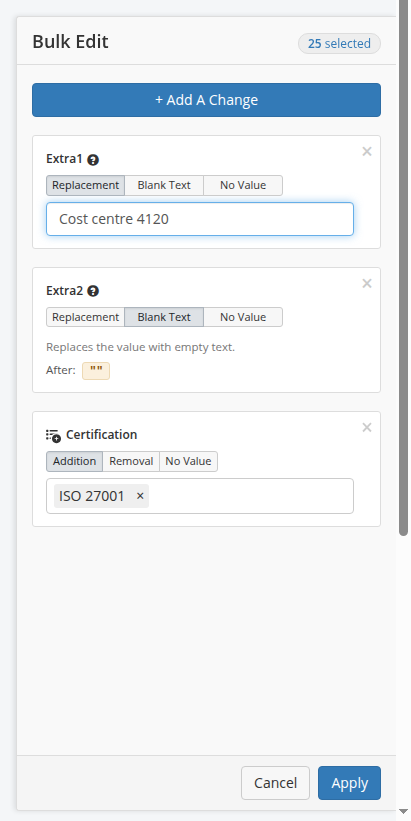 The Bulk Edit side panel over the identity list, marked 25 selected, with an Add A Change button and three stacked changes: a replacement value for Extra1, blank text for Extra2, and an ISO 27001 certification addition, above the Cancel and Apply buttons.