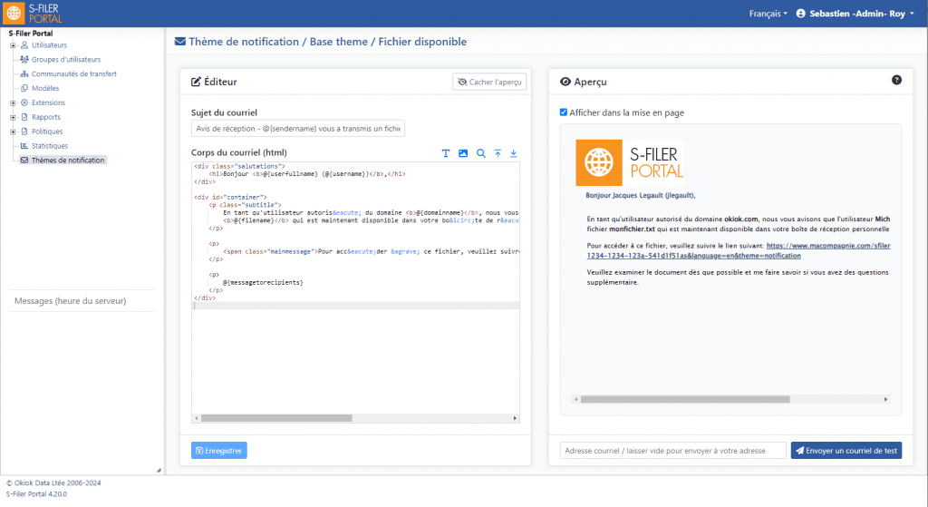 L’éditeur du thème de notification pour le courriel de fichier disponible du thème de base: le sujet et le corps HTML avec ses variables à gauche, un aperçu rendu à droite, et un champ pour envoyer un courriel de test.