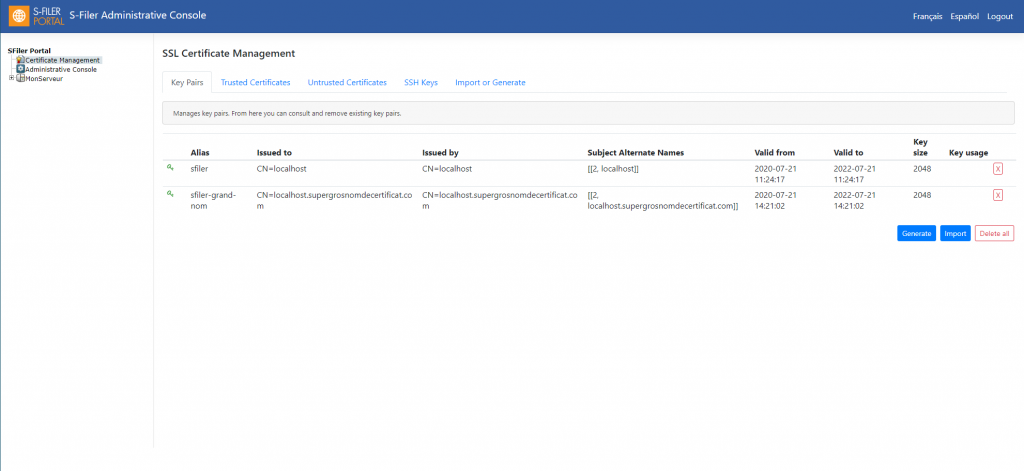 The SSL Certificate Management screen of the S-Filer administrative console, on its Key Pairs tab: each key pair listed with its alias, who it was issued to and by, its subject alternate names, validity dates, key size and usage, above Generate, Import and Delete all buttons.