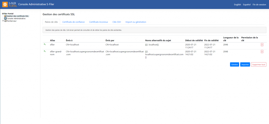 L’écran de gestion des certificats SSL de la console d’administration S-Filer, onglet des paires de clés: chaque paire listée avec son alias, à qui et par qui elle a été émise, ses autres noms de sujet, ses dates de validité, la taille de la clé et son usage, au-dessus des boutons pour générer, importer et tout supprimer.
