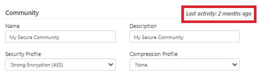 A community’s record in the S-Filer web interface, with the last activity outlined in the top right of the panel, beside the name, description, security profile and compression profile.