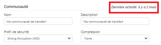 La fiche d’une communauté dans l’interface web de S-Filer, la dernière activité encadrée en haut à droite du panneau, à côté du nom, de la description, du profil de sécurité et du profil de compression.