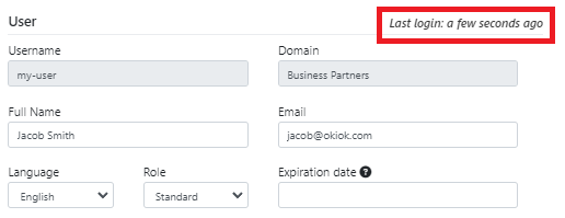 A user’s record in the S-Filer web interface, with the last login outlined in the top right of the panel, beside the user name, domain, full name, email, language, role and expiration date.
