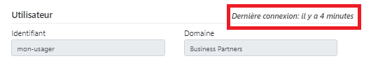 La fiche d’un utilisateur dans l’interface web de S-Filer, la dernière connexion encadrée en haut à droite du panneau, à côté de l’identifiant, du domaine, du nom complet, du courriel, de la langue, du rôle et de la date d’expiration.