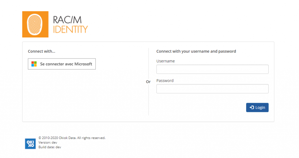 The RAC/M Identity sign-in page offering two routes side by side: a Sign in with Microsoft button on the left, and the usual user name and password fields on the right.