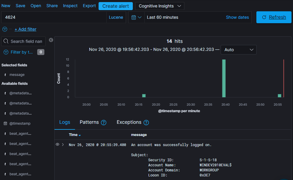 The same search widened to 60 minutes, now returning matching log entries.