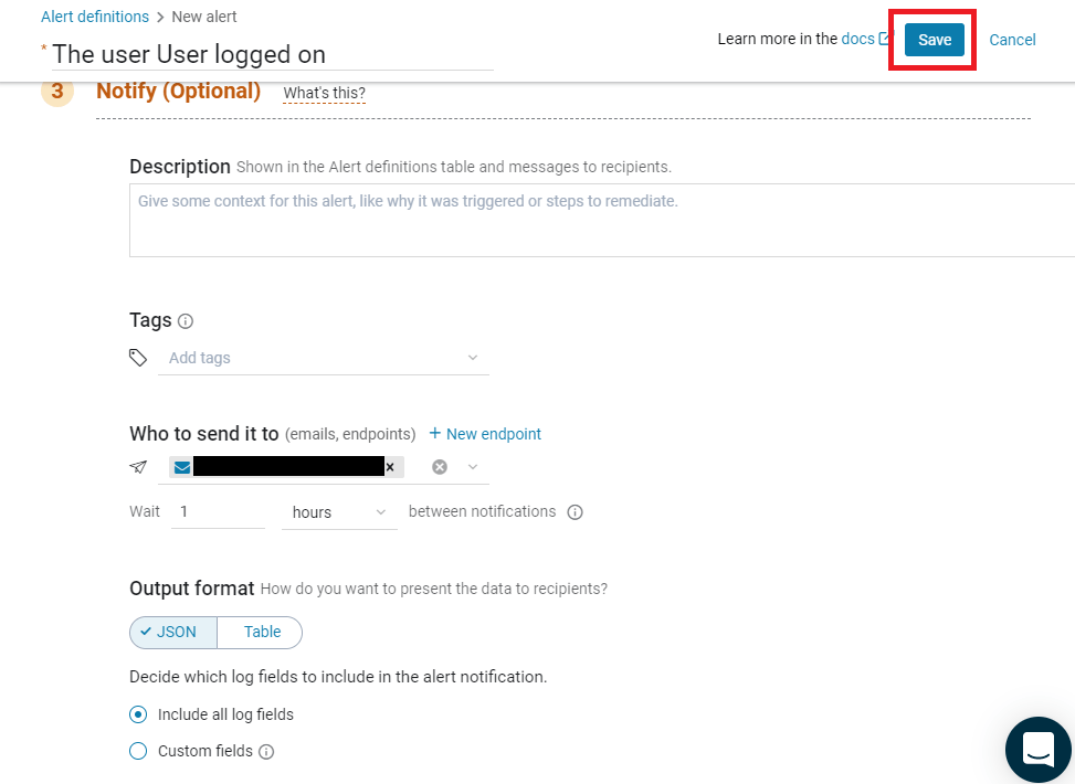 The alert creation form, with the Save button at the top right.