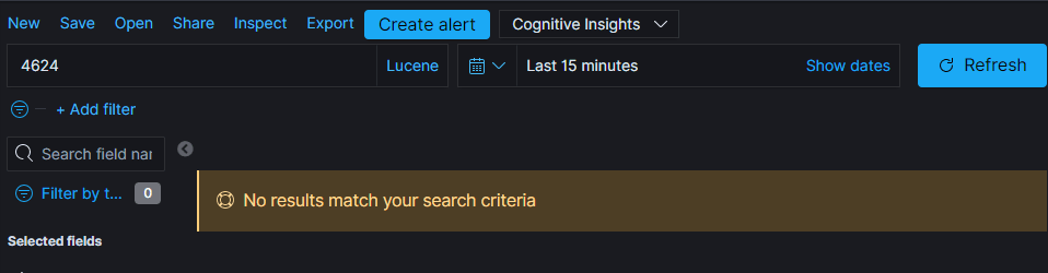 A search for 4624 over the last 15 minutes, returning no results.