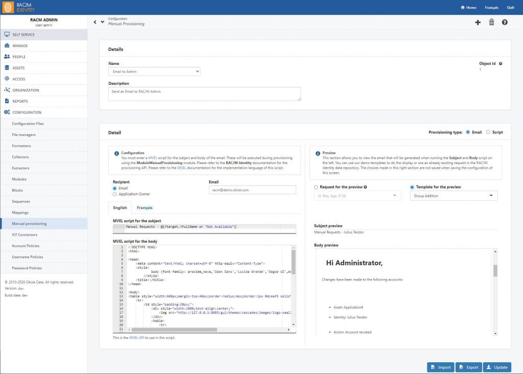 The Configuration screen for a manual provisioning entry named Email to Admin: the recipient and address on the left with MVEL scripts for the email subject and body, and a live preview of the generated subject and body on the right.