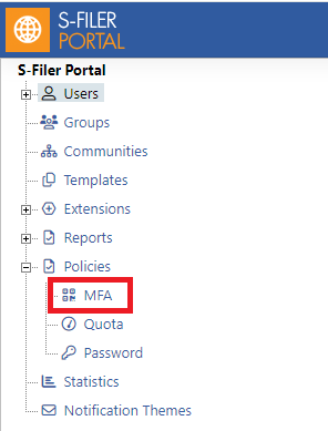 The S-Filer Portal navigation tree with the MFA entry outlined under Policies, beside Quota and Password.