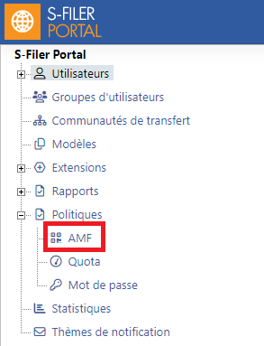 L’arborescence de navigation de S-Filer Portal, l’entrée MFA encadrée sous Politiques, à côté de Quota et Mot de passe.