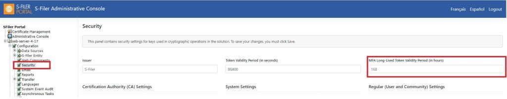 The Security page of the S-Filer administrative console with the MFA long-lived token validity period, in hours, outlined on the right, beside the issuer and the ordinary token validity period.