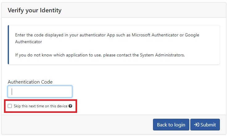 The Verify your Identity step of signing in, asking for the code from an authenticator app, with a Skip this next time on this device tick-box outlined below the code field.