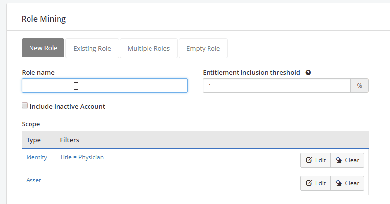 The Role Mining screen on its New Role tab: a role name and an entitlement inclusion threshold as a percentage, an Include Inactive Account tick-box, and a scope table of identity and asset filters.