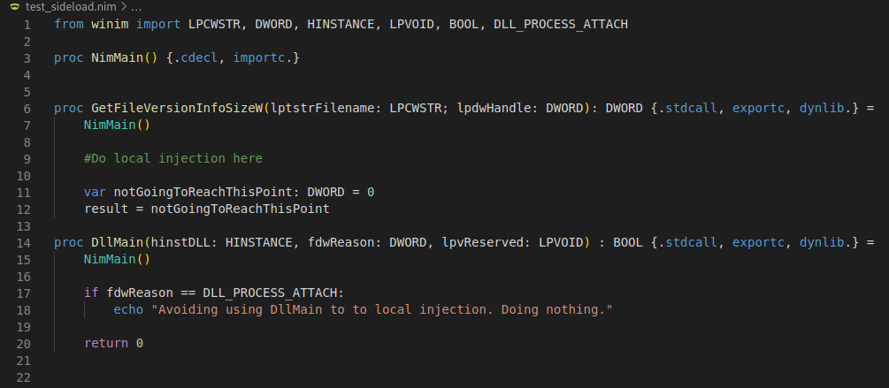 The final Nim source for the proxy DLL.