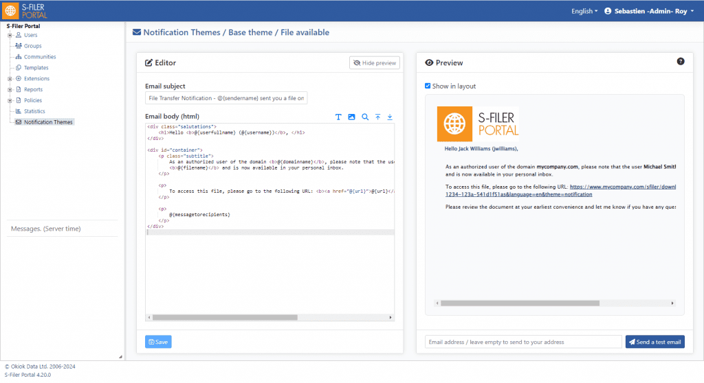 The Notification Themes editor for the base theme’s file-available email: the subject and the HTML body with its placeholders on the left, a rendered preview on the right, and a box for sending a test email.