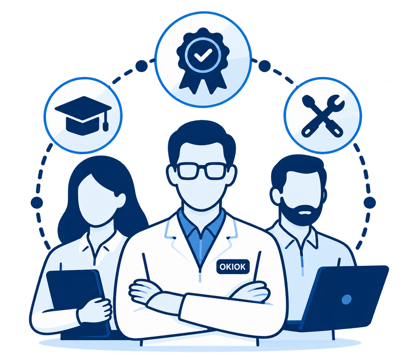 Three OKIOK specialists, with a certification seal, a graduation cap and crossed tools above them