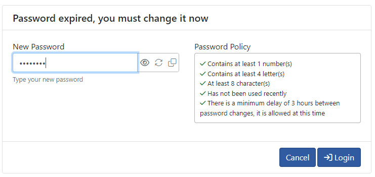 The forced password change screen shown when a password has expired, with the policy beside the field ticking off each rule, including that the password has not been used recently and that the minimum three-hour delay between changes has elapsed.