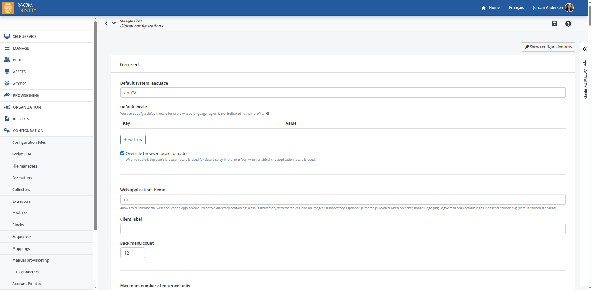 The Global configurations screen under Configuration: the default system language and locale, a switch to override the browser locale for dates, the web application theme, a client label and a back menu count, with the activity feed collapsed to a tab on the right.