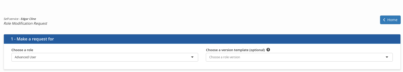 Step one of a role modification request: a role is chosen, with an optional version template beside it.