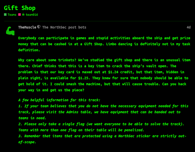 The Gift Shop challenge description on the CTF portal.