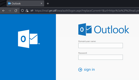 Outlook Web App sign-in page at mail.yrr.ctf, with domain/user name and password fields.