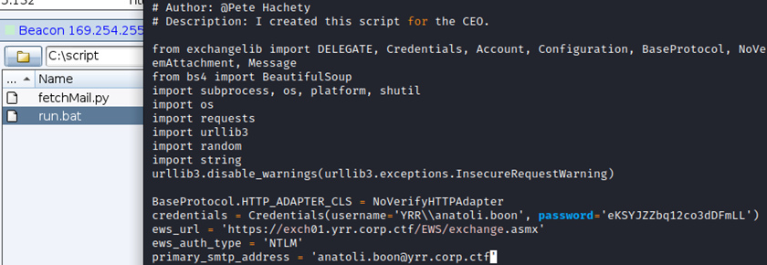 Contents of run.bat in the C:\script directory, which contains the password of anatoli.boon in clear text.