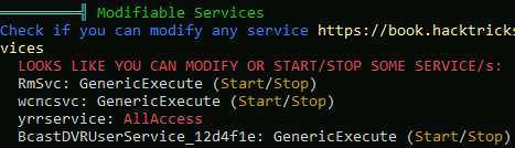 WinPEAS output listing modifiable services, with yrrservice showing AllAccess for the current user.