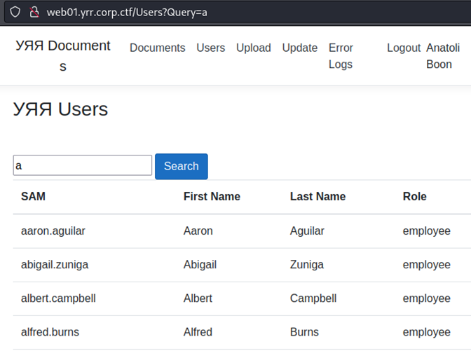 The Users section, listing internal users with a search box that filters by name.