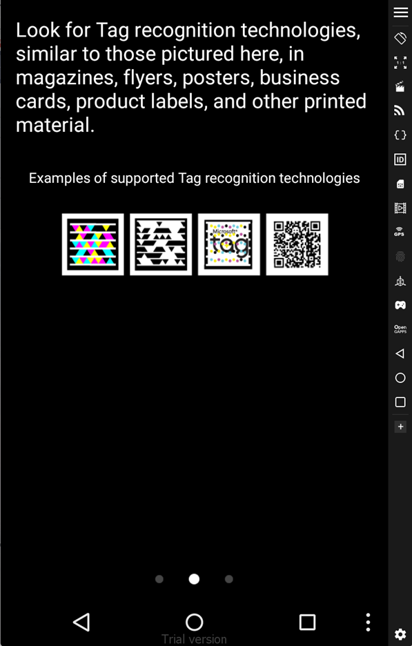 The Microsoft Tag app running in an Android 5.1 virtual machine; its splash screen mentions HCCB.